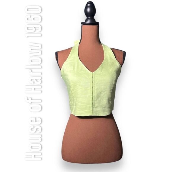 House of Harlow 1960 Linen Blend Smocked Back Halter Top in Lime, Women’s 6 - Picture 1 of 8